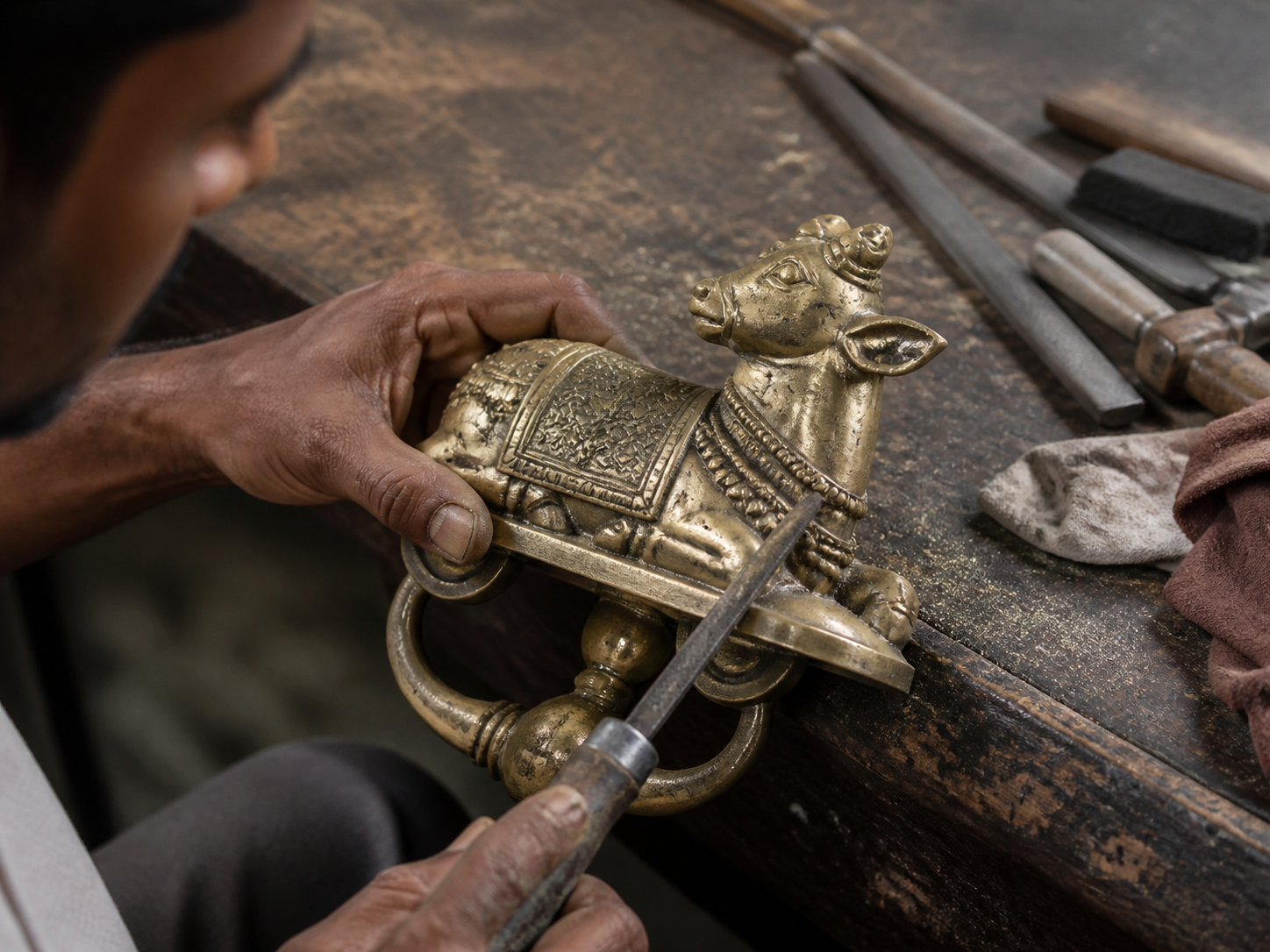 Artisan filing and hand-finishing a solid brass Nandi door knocker