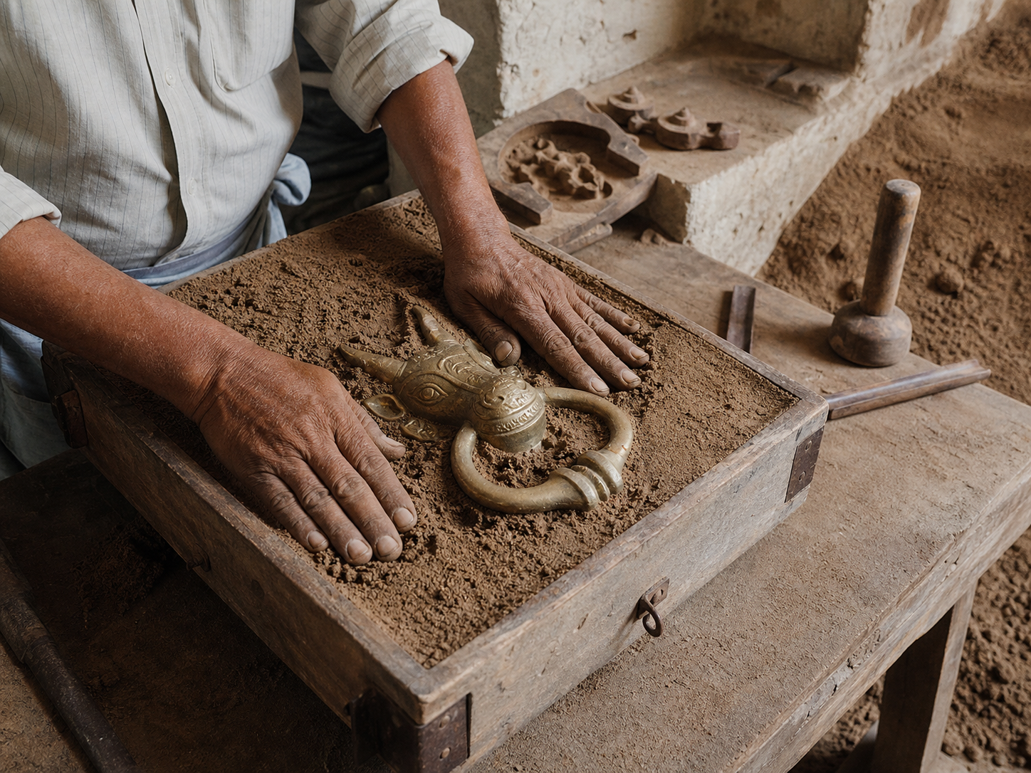 Artisan packing foundry sand around a Nandi door-knocker pattern in a wooden mould