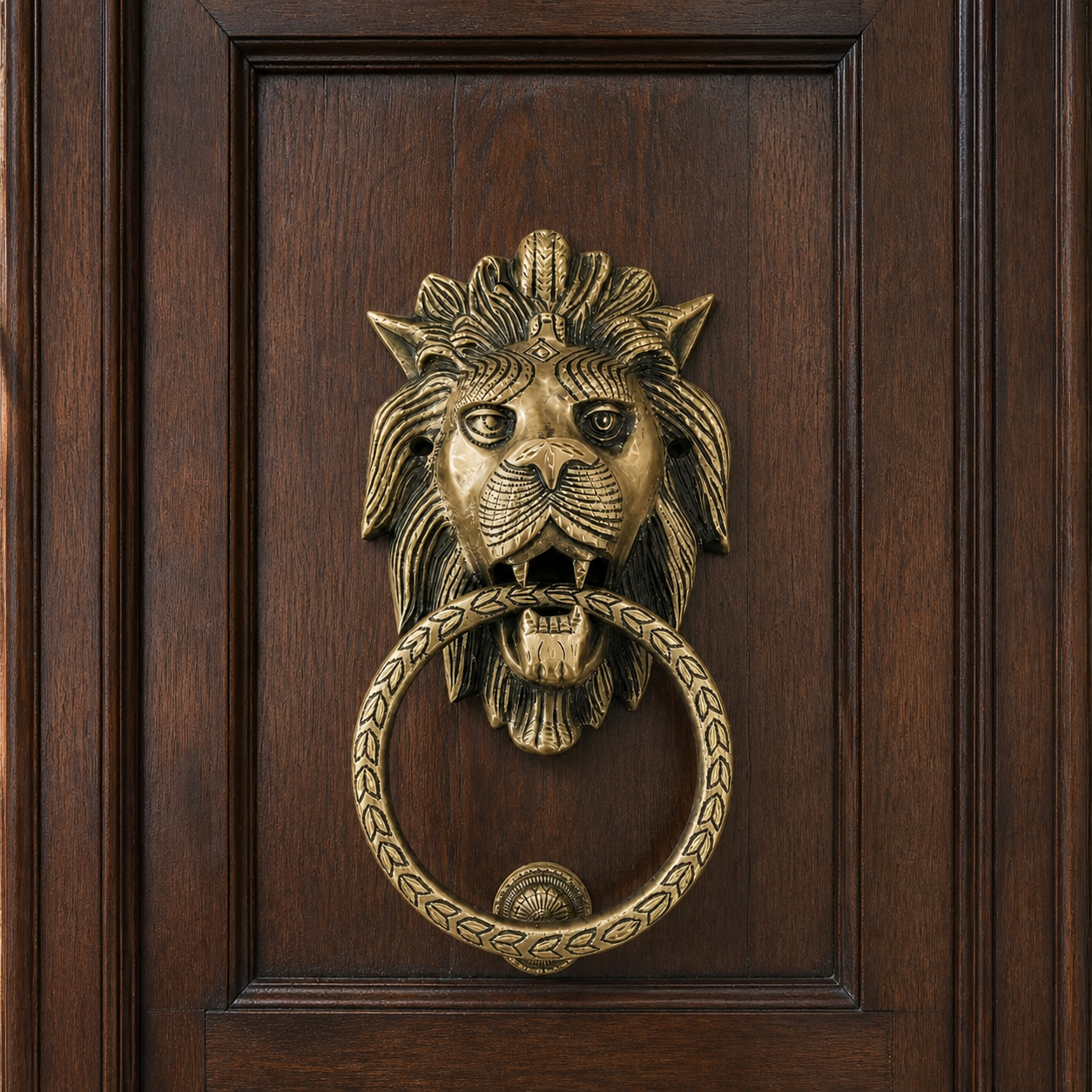 Lion King brass knocker mounted on a dark wooden door