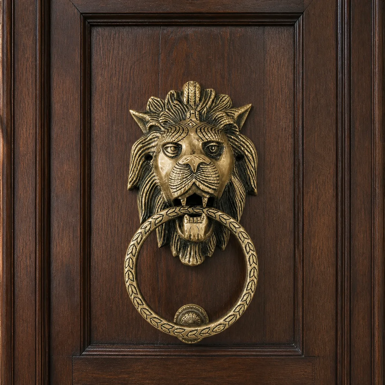 Lion King brass knocker mounted on a dark wooden door