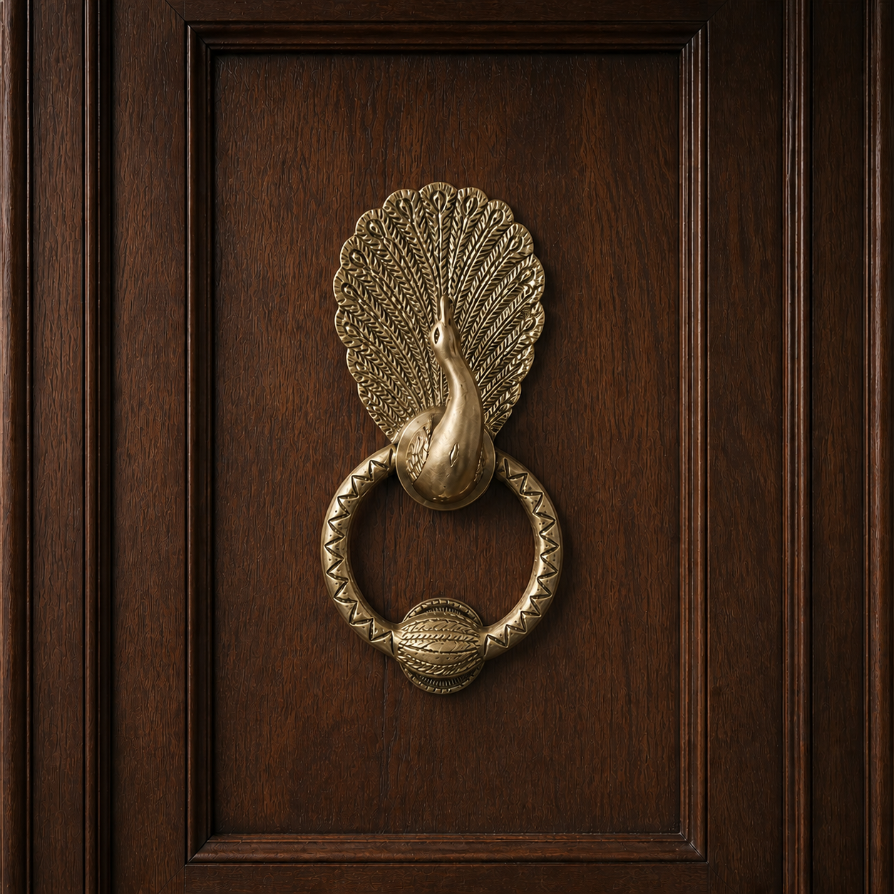 Peacock Majesty brass knocker mounted on a dark wooden door