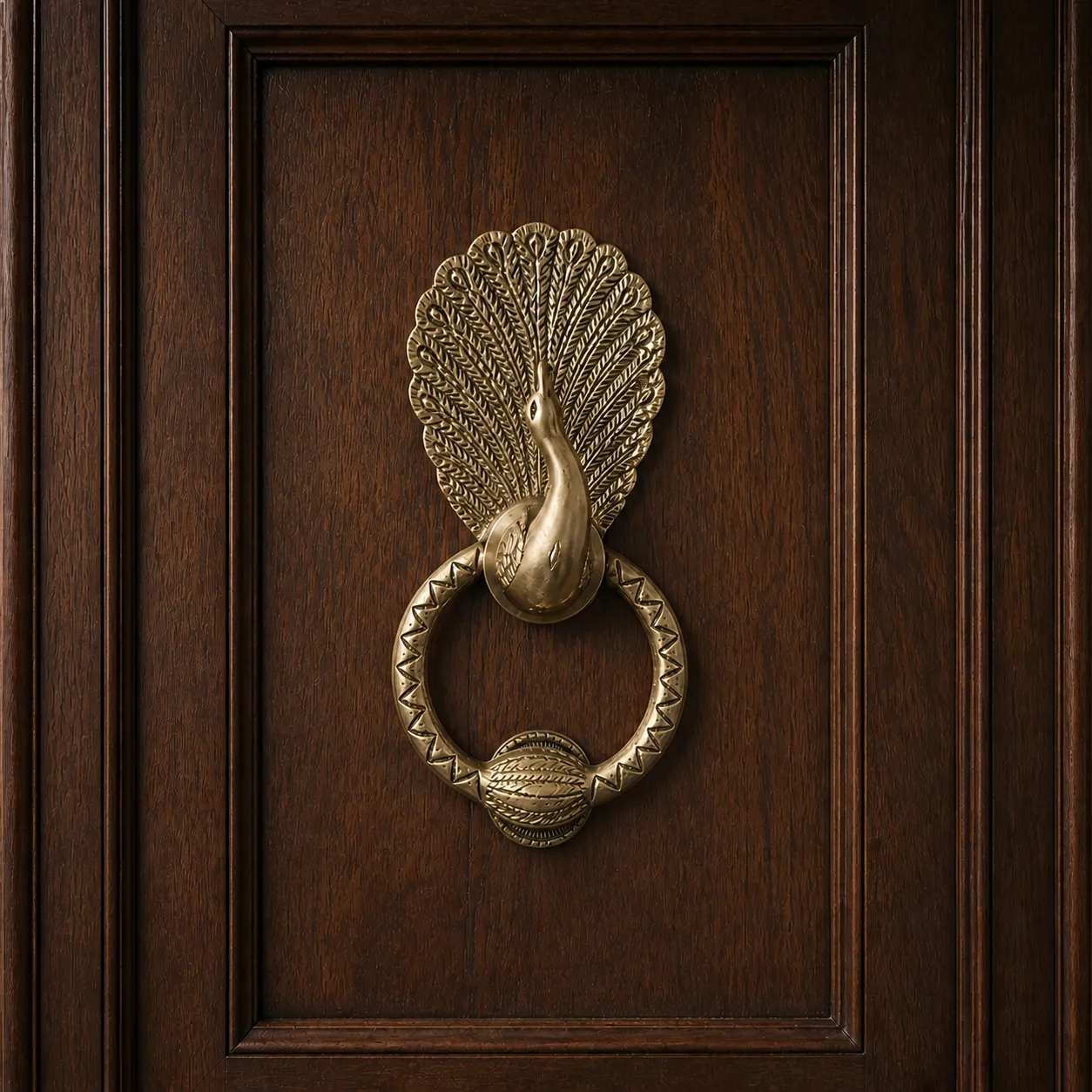 Peacock Majesty brass knocker mounted on a dark wooden door