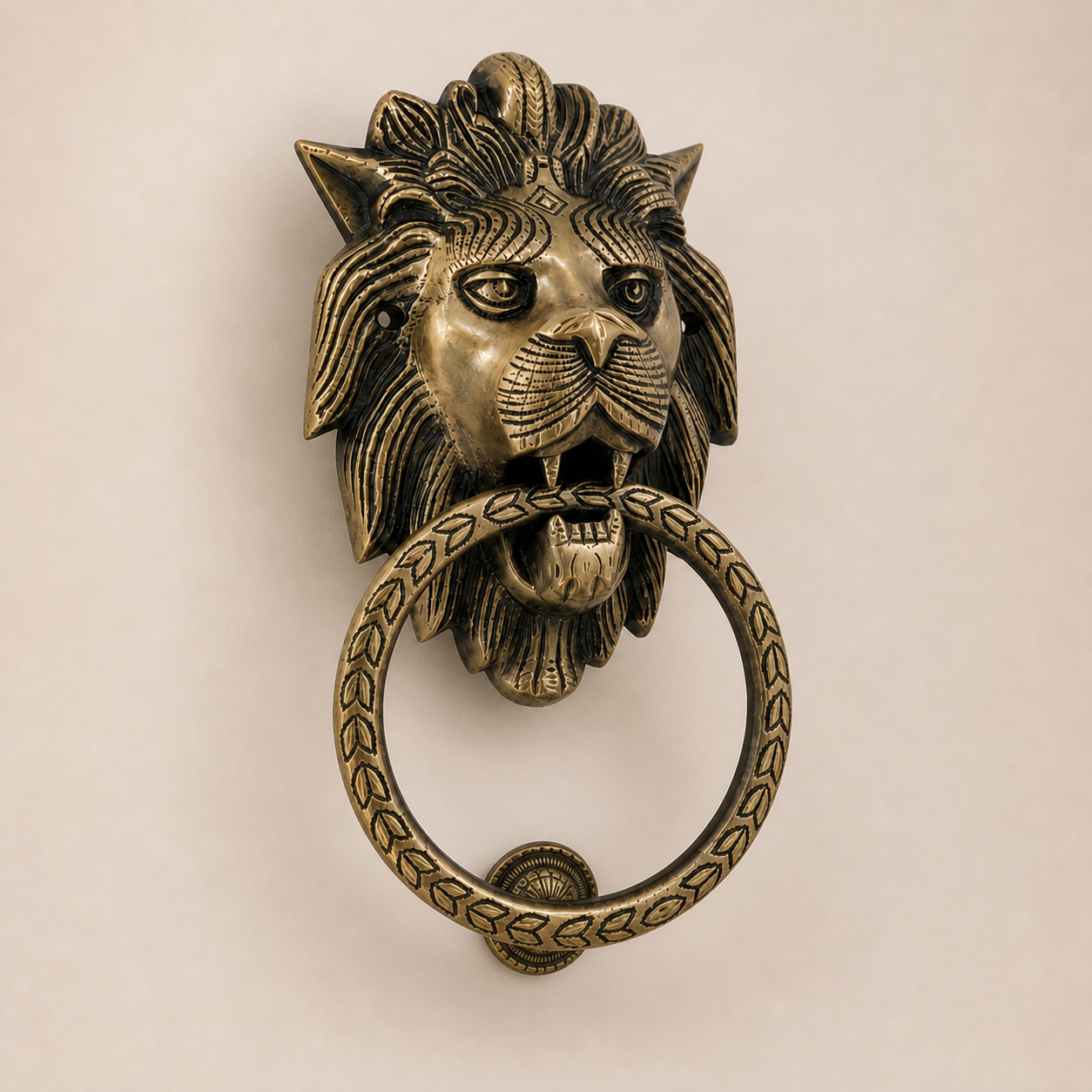 Lion King Large Knocker three-quarter view showing massive brass depth