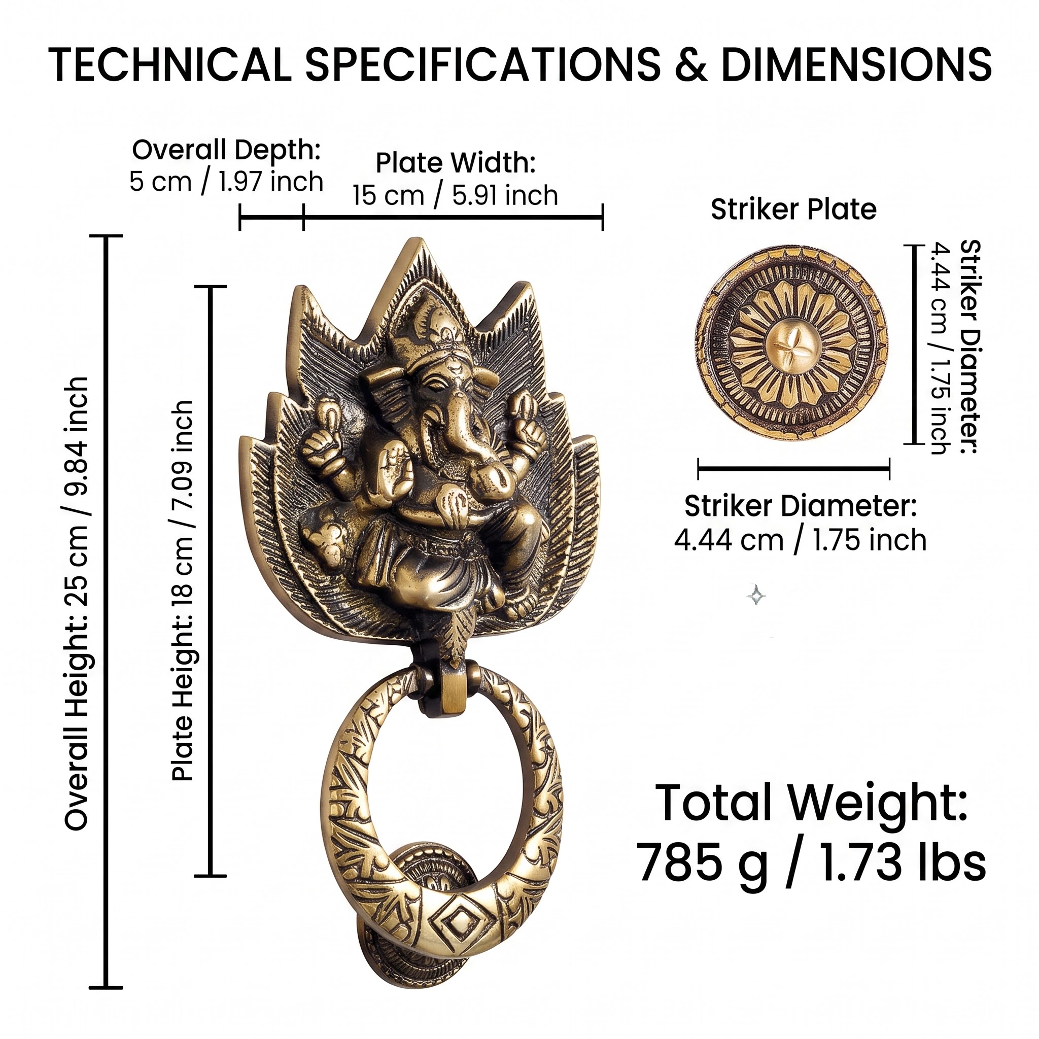 Ganesha Lotus Knocker side elevation and lotus pedestal casting
