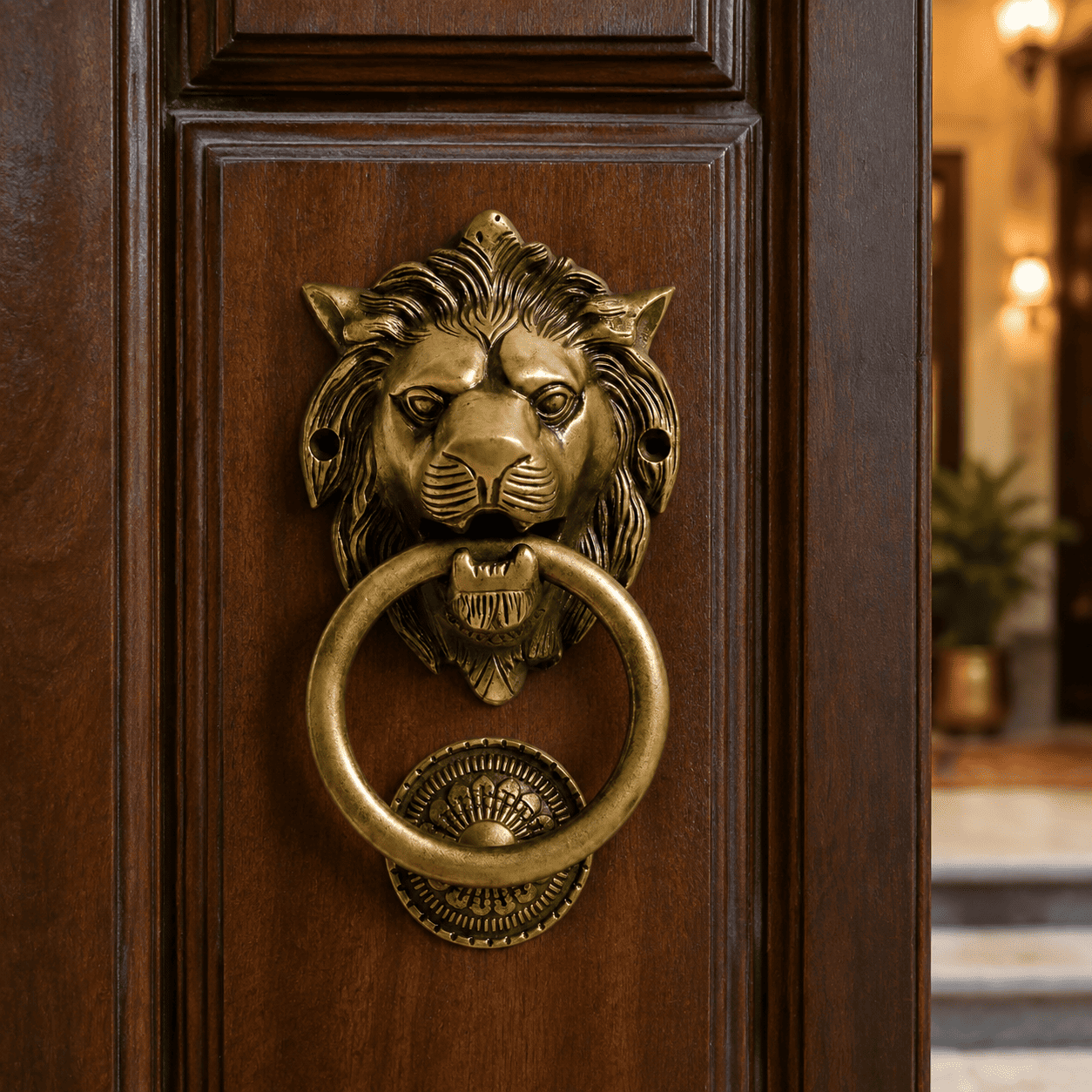 Lion Guardian Knocker mounted at eye-level on entrance door