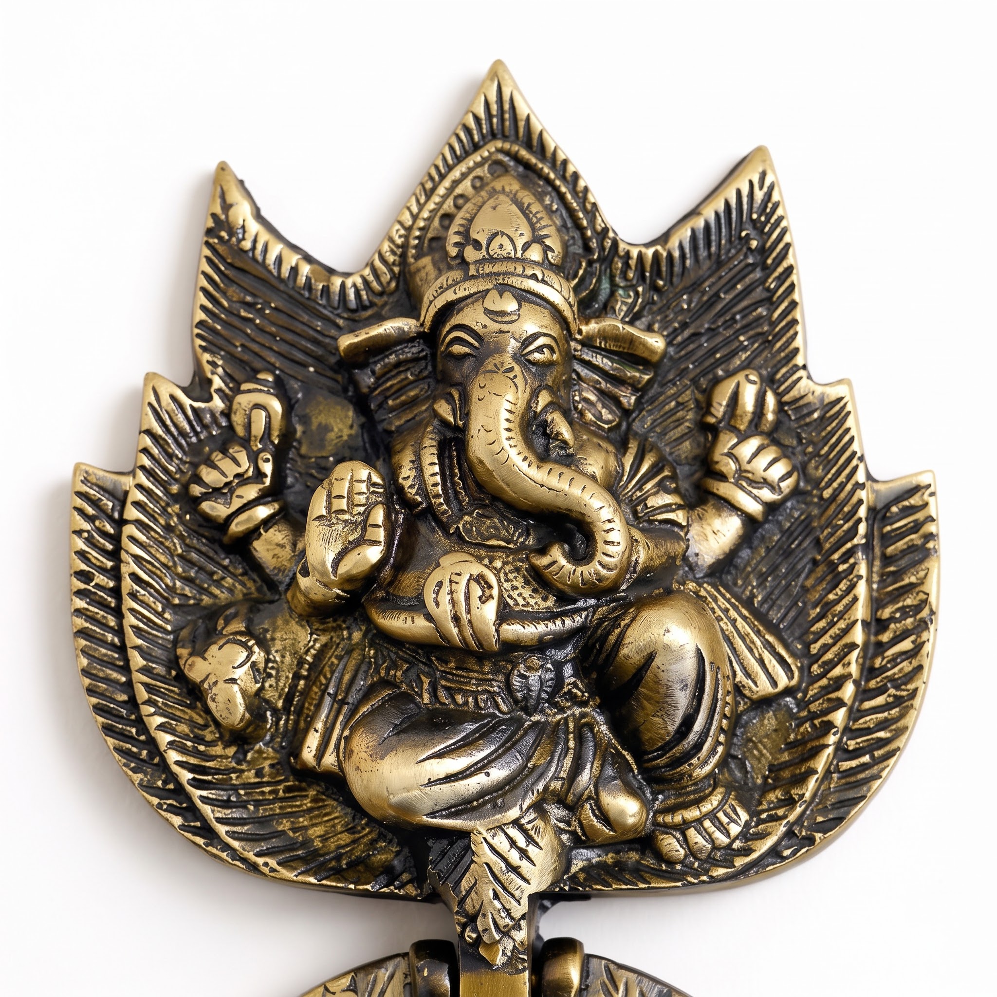 Ganesha Lotus Knocker mounted at eye-level on entrance door