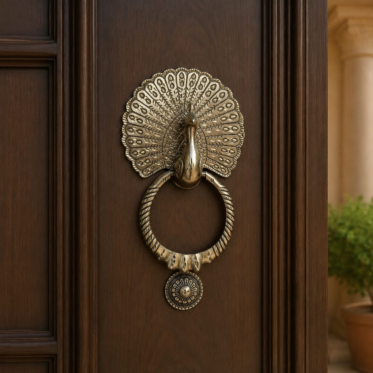 Peacock Plume Knocker mounted at eye-level on entrance door