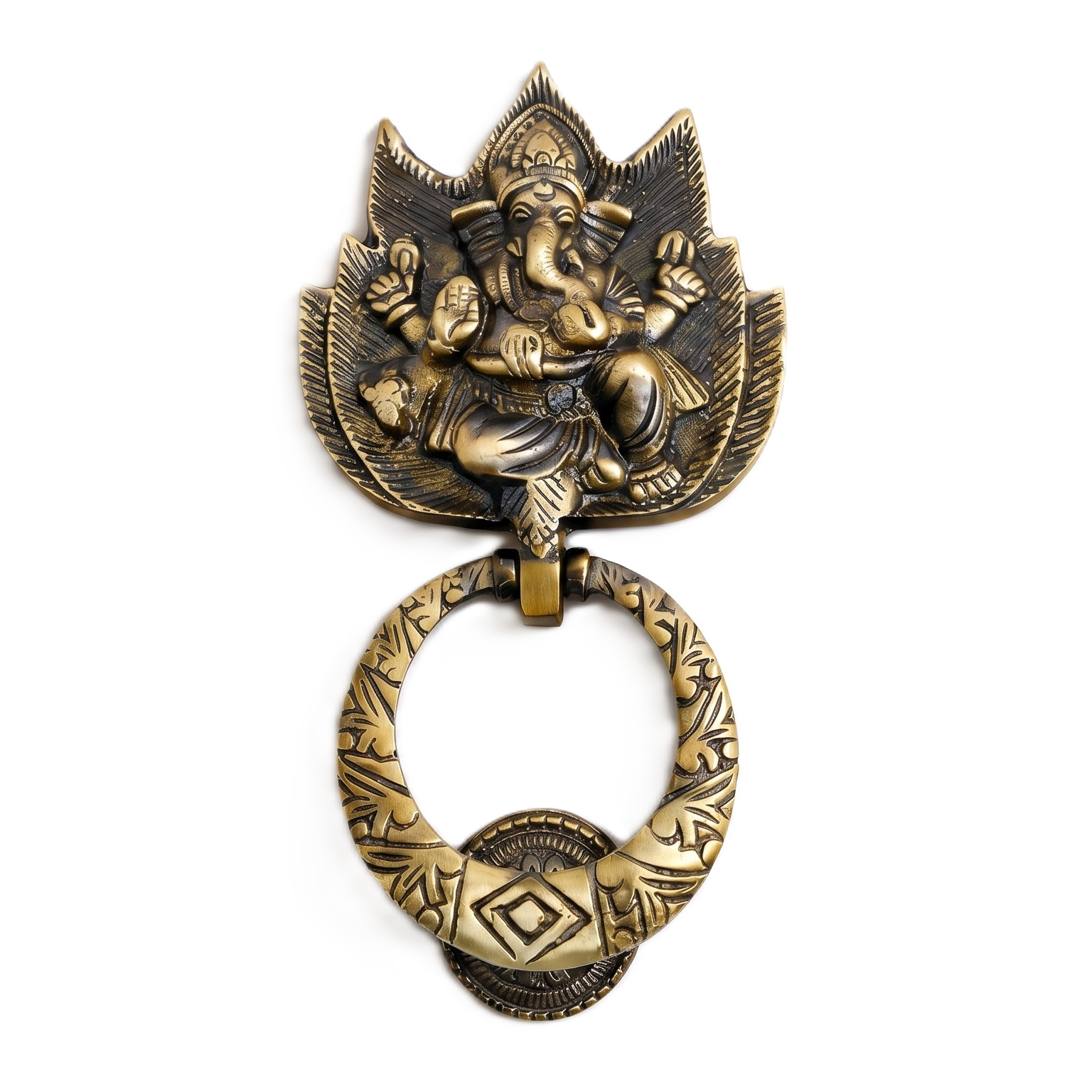 Ganesha Lotus Knocker solid brass front elevation and crown detail